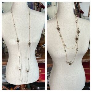 Vintage Flapper Length Faux Pearl and Gold-Tone Openwork Bead Necklace